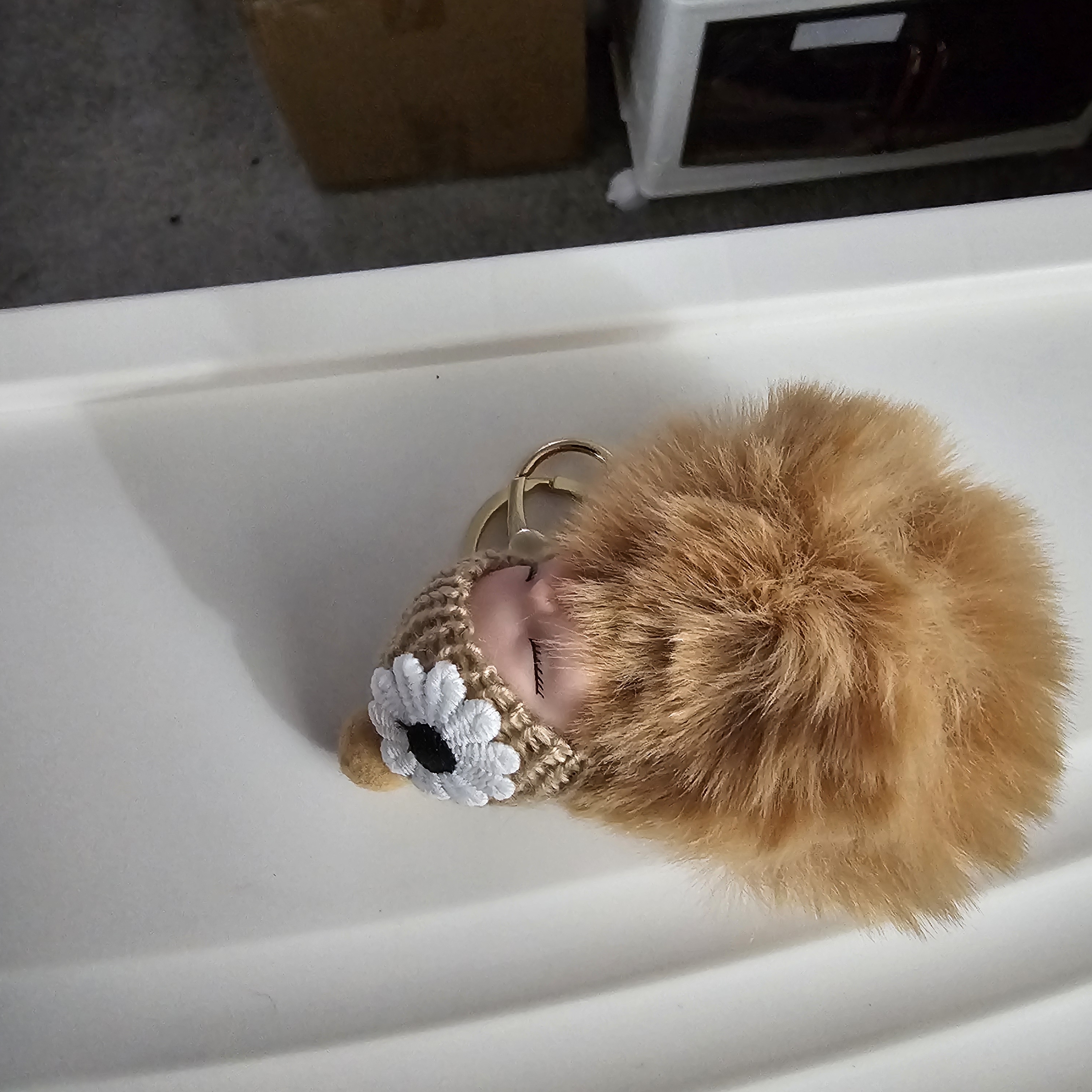 Baby Fluffy Tan Keychain With Flower Accent